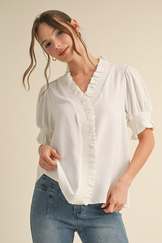 White Ruffle Trim Top